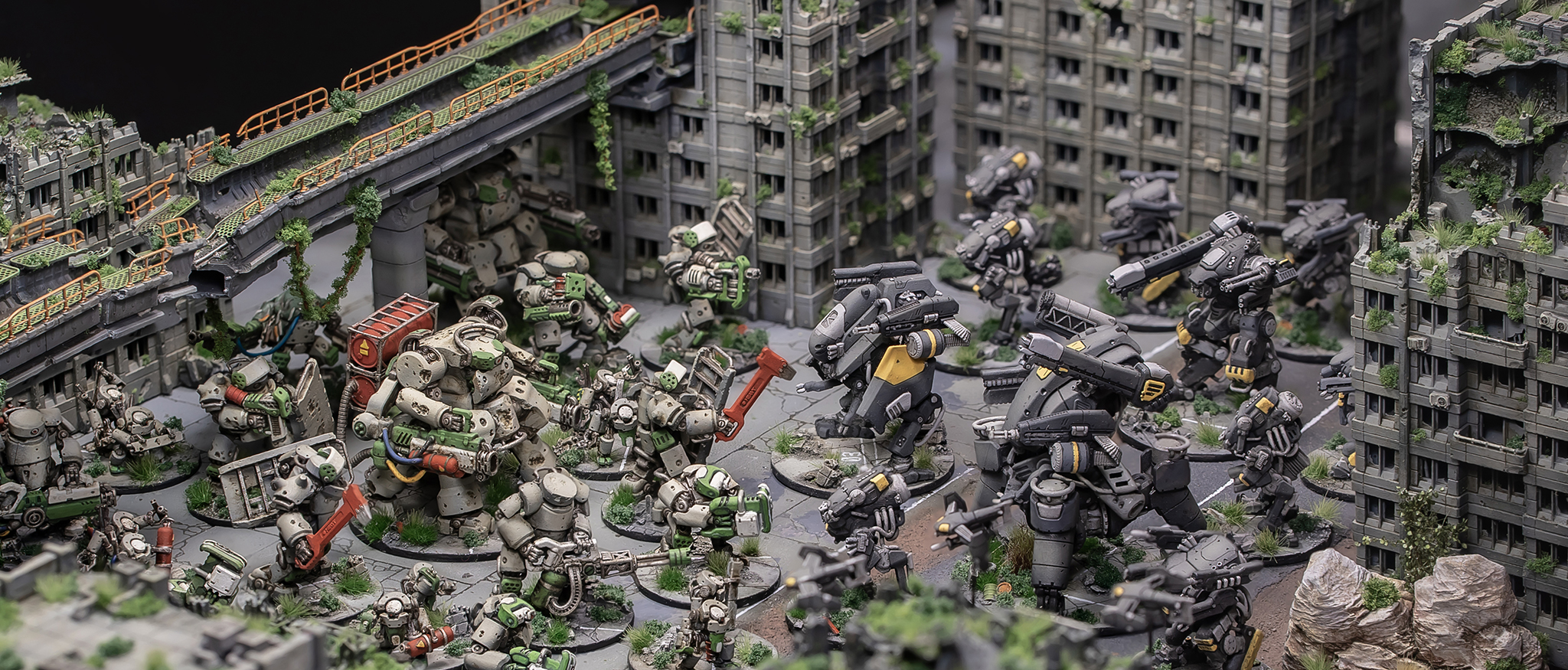 Mechs and infantry among industrial terrain