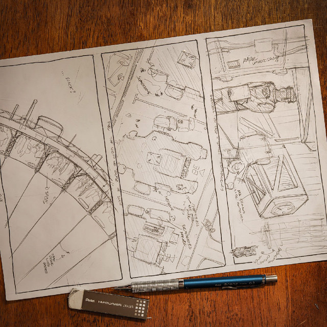 Three pencil concept sketches on a sheet of paper